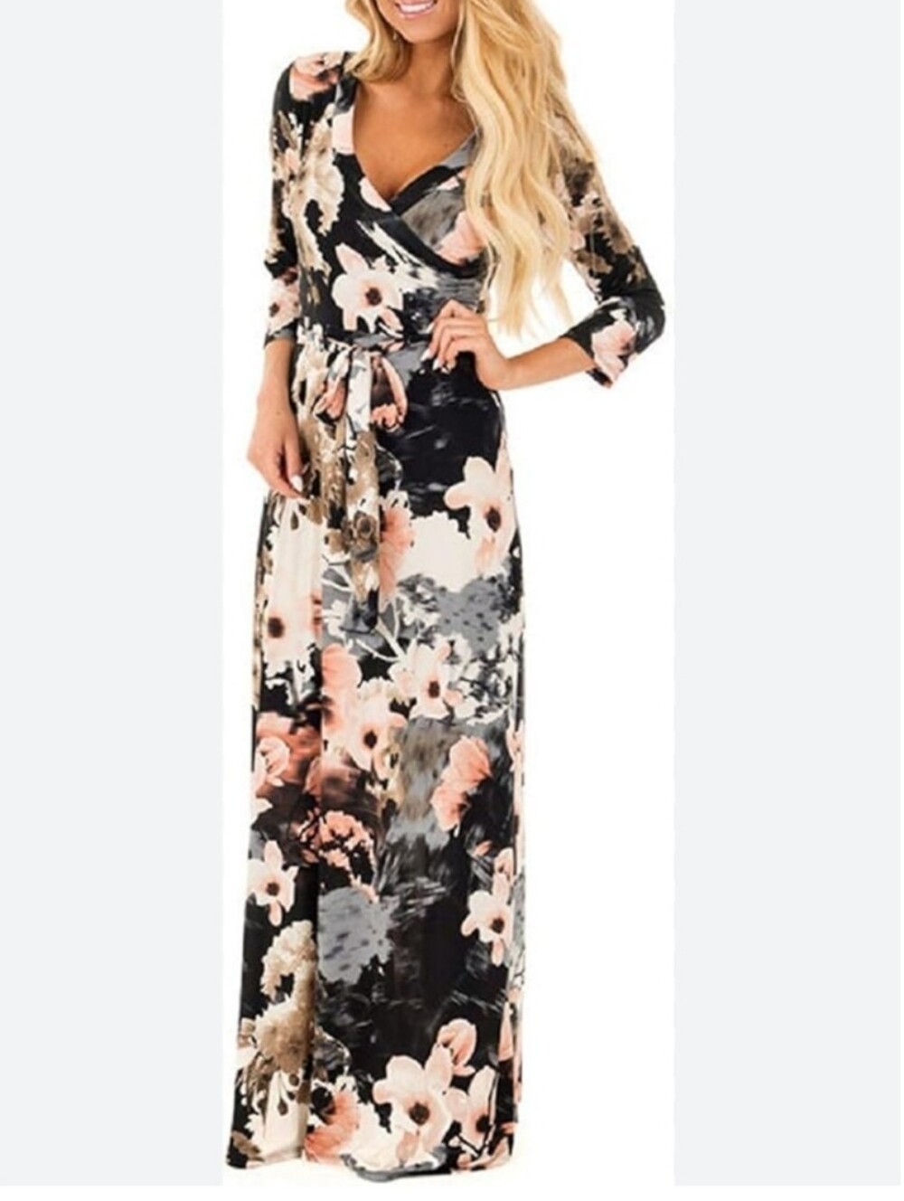 Zattcas Women's 3/4 Sleeve Floral Faux Wrap Maxi Dress w/ Belt Soft White Pink M - Picture 1 of 14